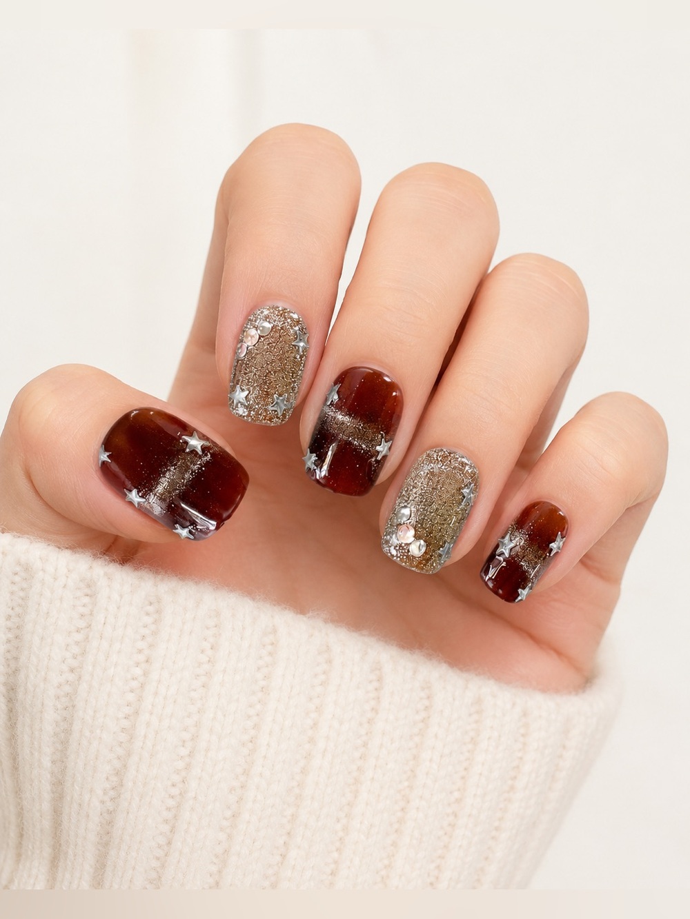 Brown Gold Star Press On Nails